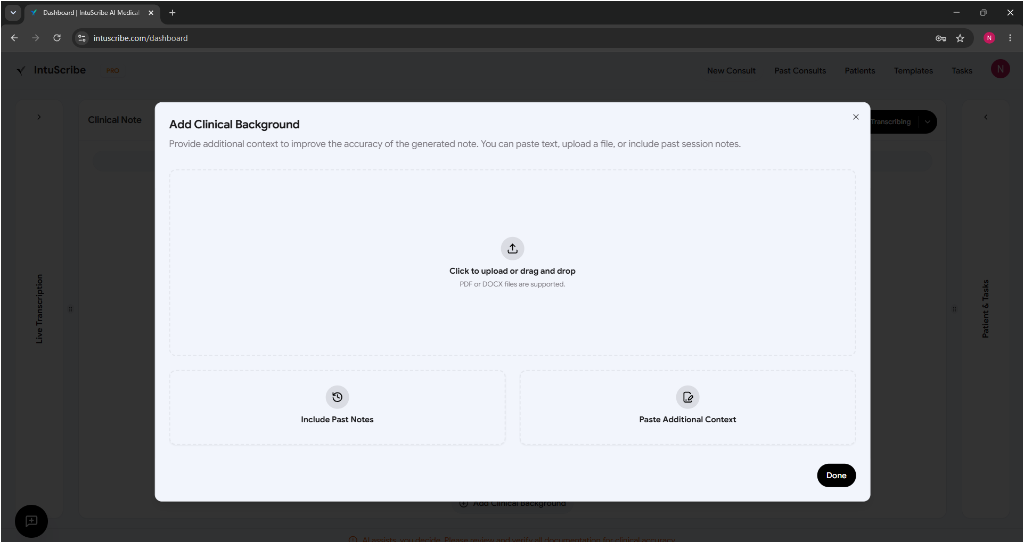IntuScribe Add Clinical Background Workspace Modal