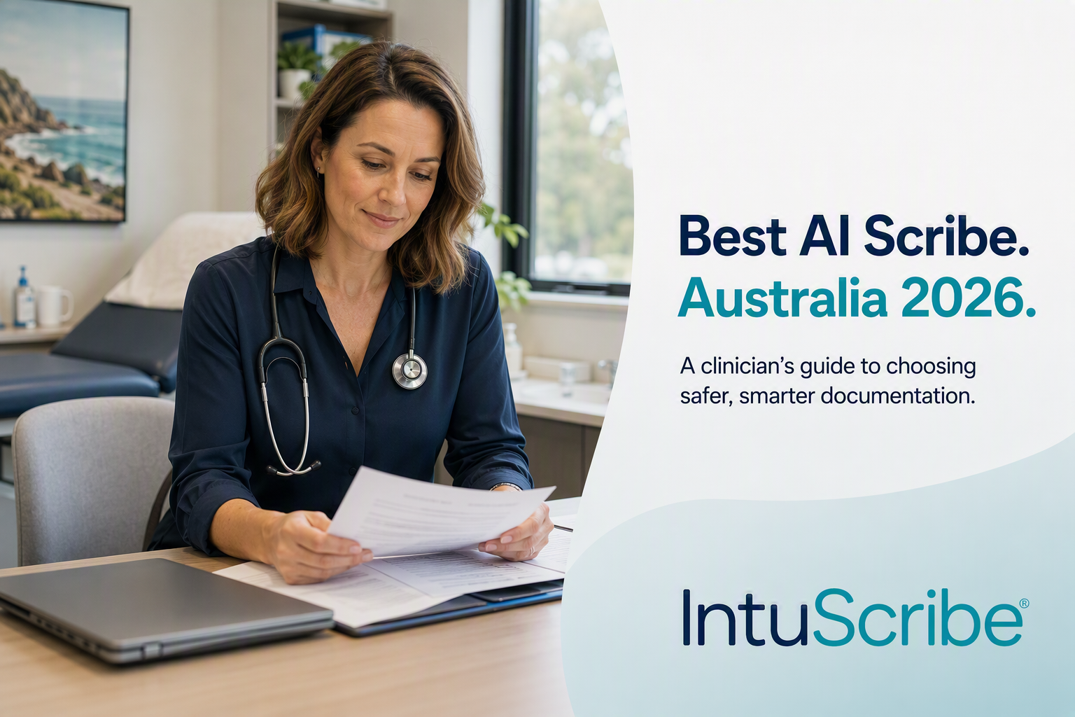 A modern Australian clinical workspace with abstract AI documentation and privacy signals