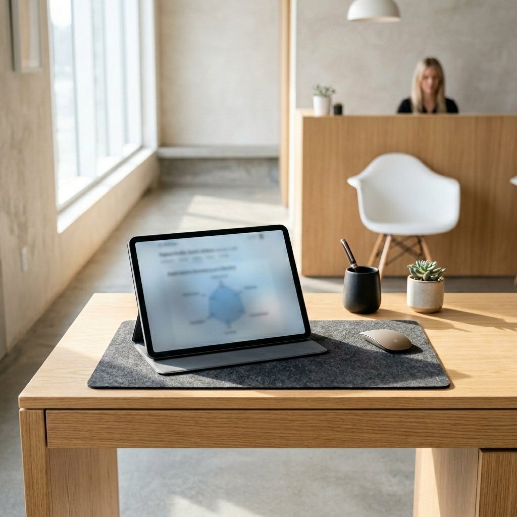 A tablet on a wooden desk displaying a patient health metrics dashboard.