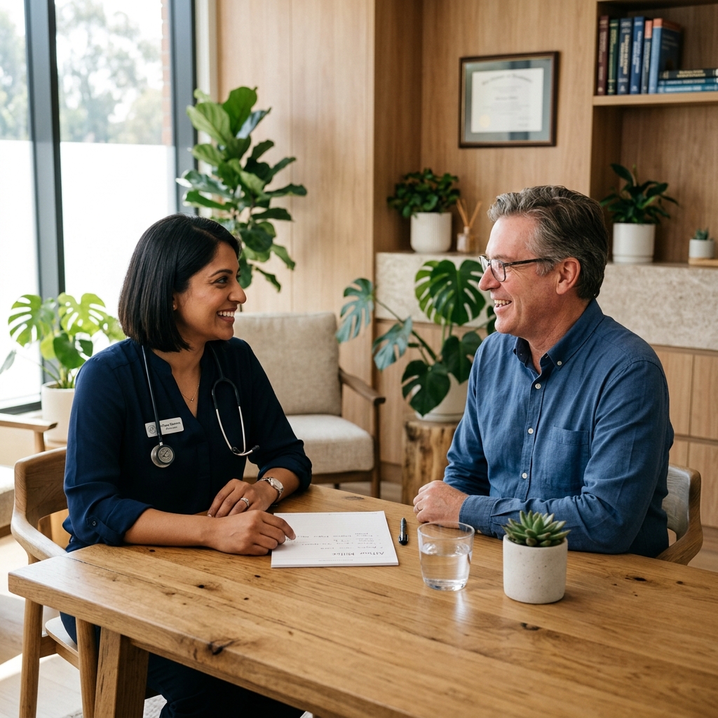 Warm face-to-face clinical consultation between a caring female GP and a patient in a premium modern clinic setting with natural light