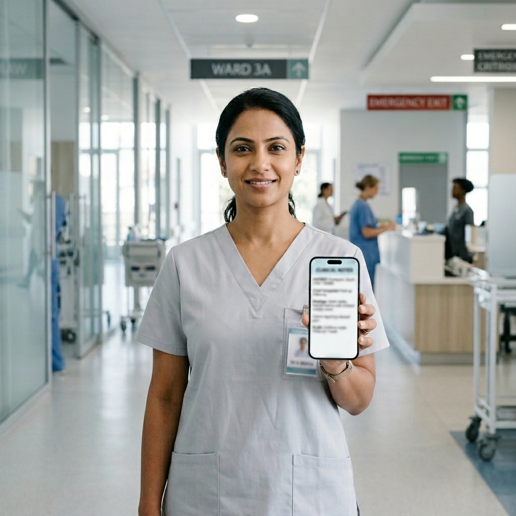 Healthcare professional holding a smartphone displaying AI-generated clinical notes in a hospital using IntuScribe mobile medical scribe.